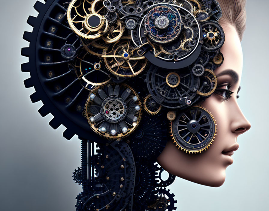 Woman depicted with head and neck as intricate mechanical gears symbolizing machine or robot