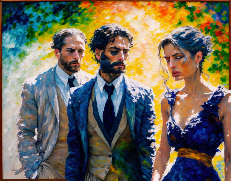 Vibrant impressionistic painting of three people in formal attire