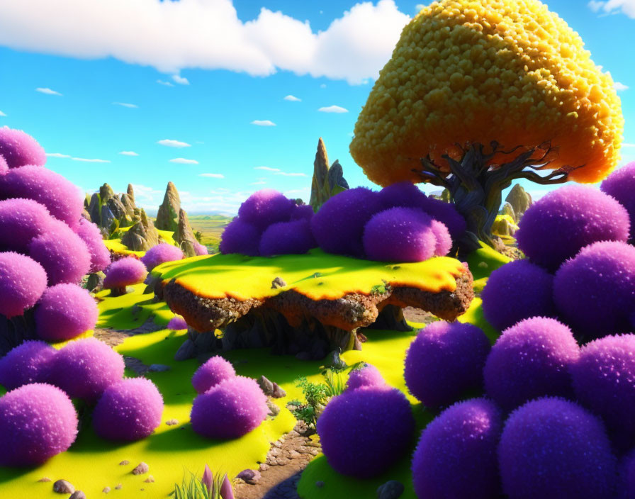 Colorful fantasy landscape with golden tree, purple bushes, and unique rock formations