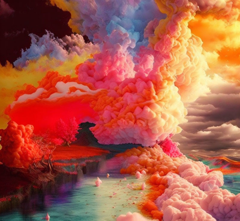 Surreal landscape with river, trees, flamingos, pink and orange clouds