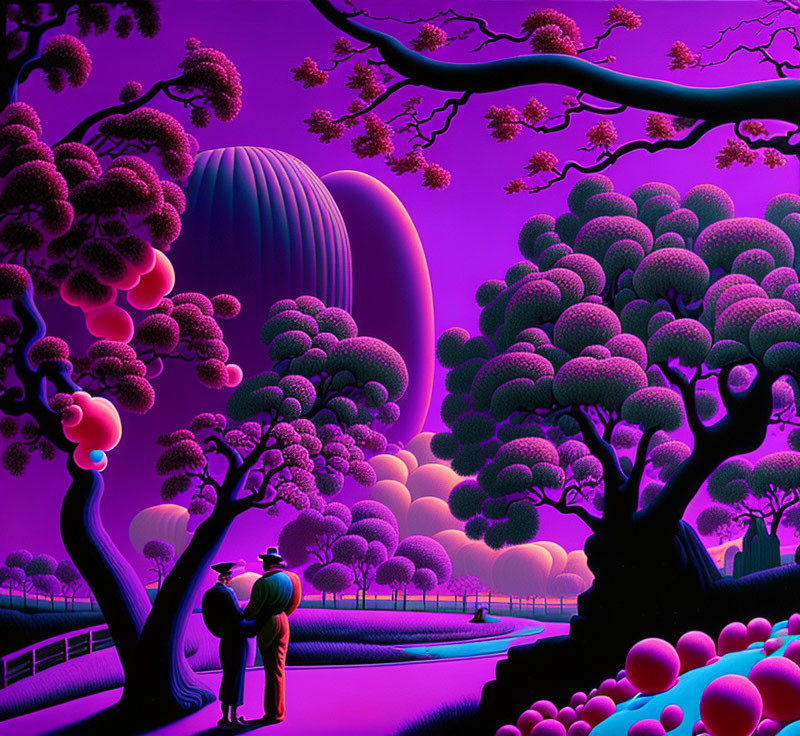 Surreal landscape with stylized trees and oversized spheres in purple hues