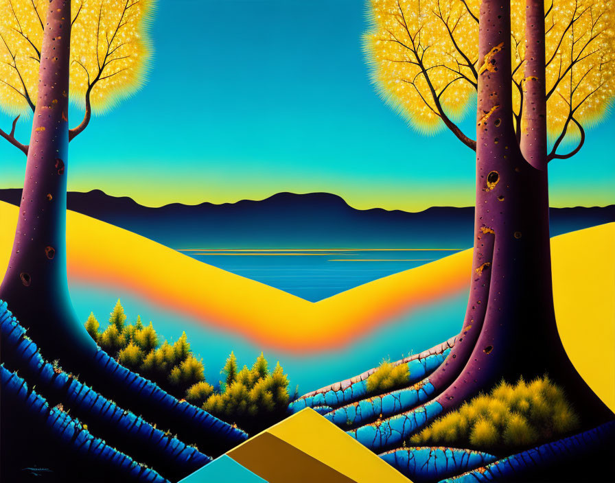 Surreal landscape with purple trees, yellow leaves, blue lake, and colorful hills