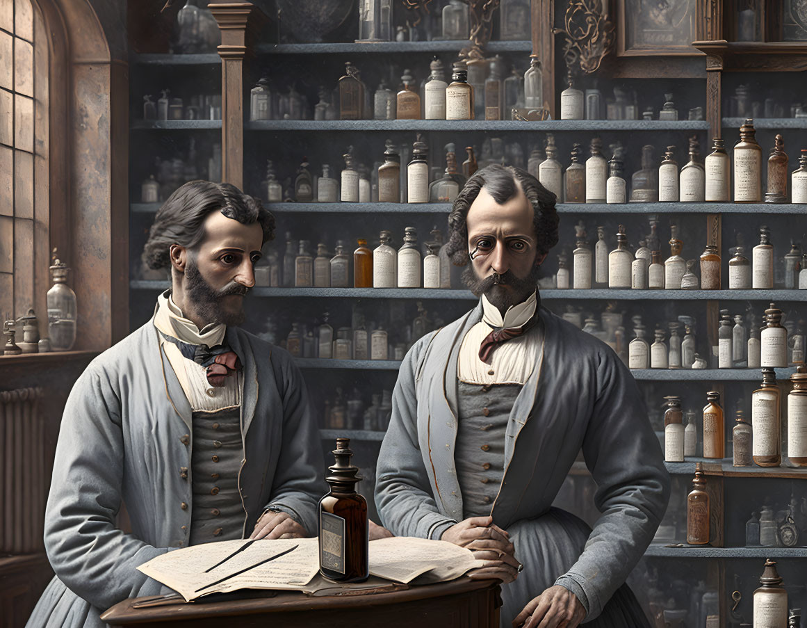 Victorian men in pharmacy surrounded by shelves of jars and bottles