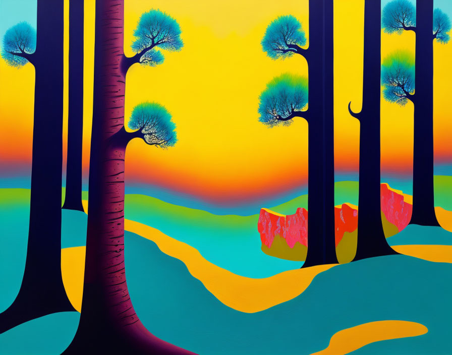 Colorful surreal landscape with stylized trees, gradient sky, and flowing river