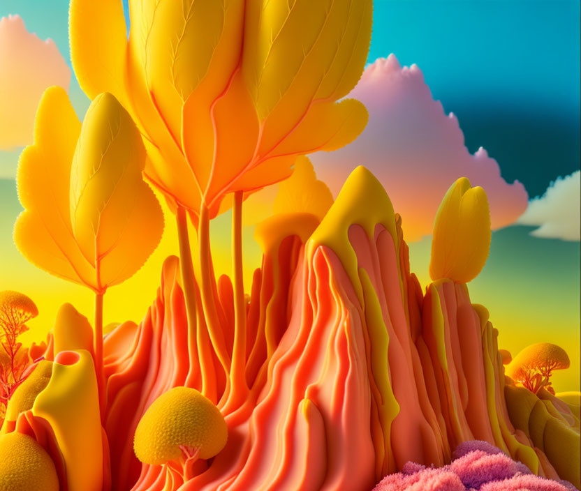 Vibrant surreal landscape with orange and yellow leafy structures and textured hills