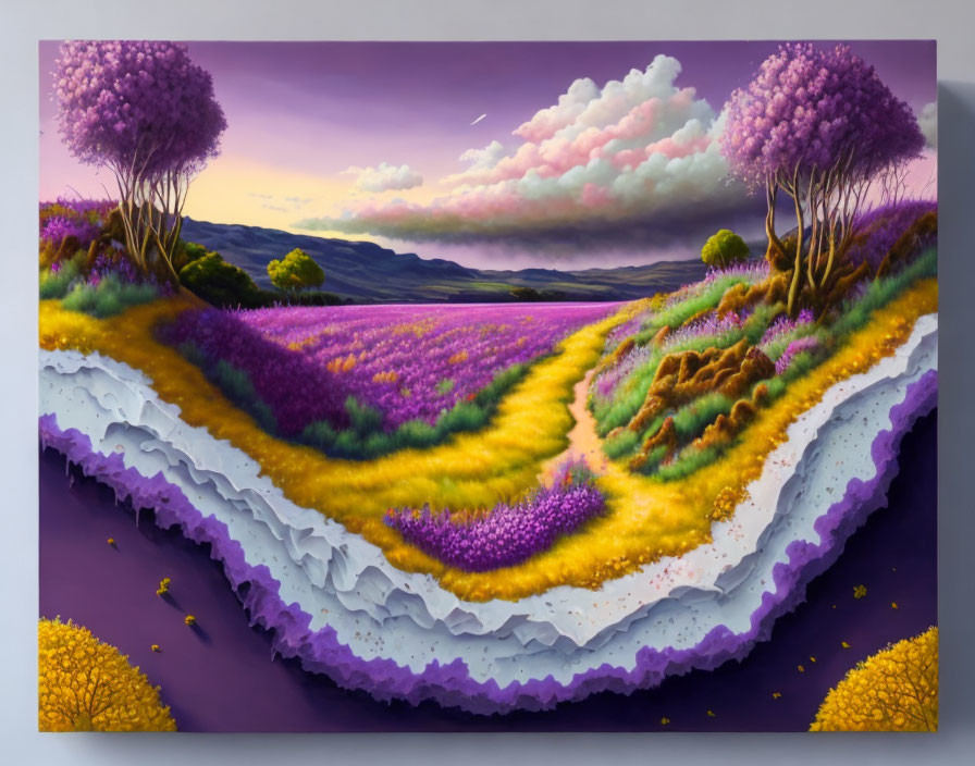 Surreal landscape painting with purple and yellow fields & whimsical trees