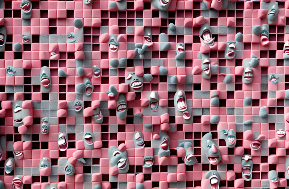 Colorful 3D grid with cartoon faces in pink and gray