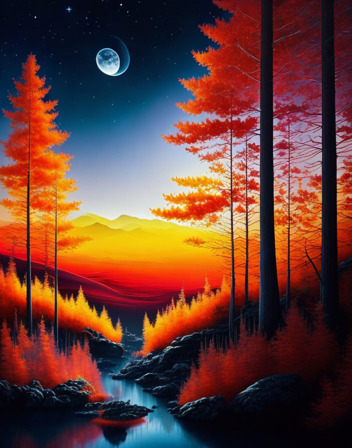 Colorful forest scene with red and orange trees under starry sky