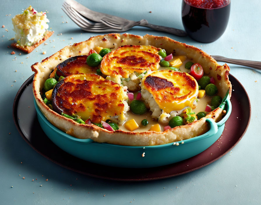 Savory baked pie with golden-brown sliced rounds, mixed vegetables, fluted crust.