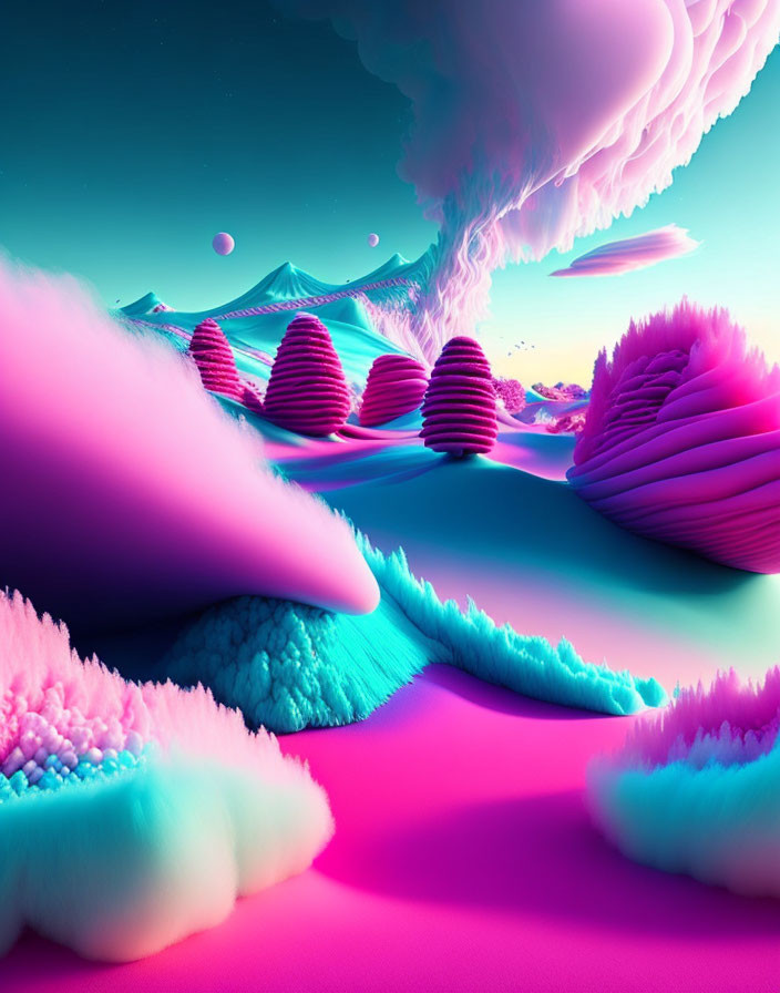 Colorful alien landscape with fluffy vegetation, smooth mountains, and two moons