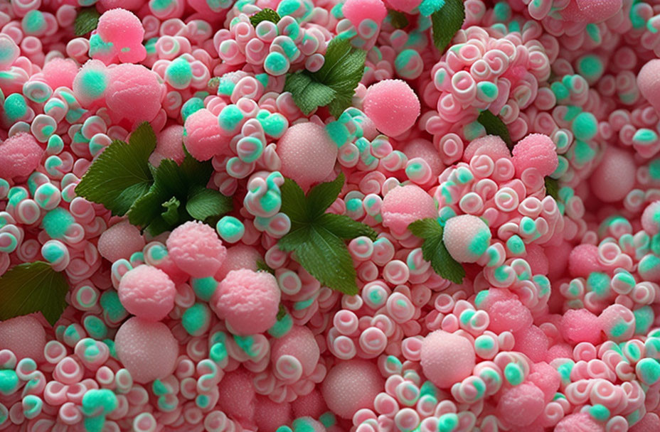 Detailed View of Pink and Green Microscopic Structures Resembling Flowers and Coral