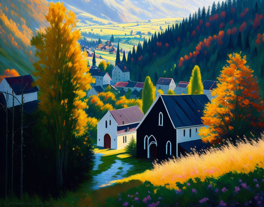 Scenic autumn village painting with church, colorful trees, and rolling hills