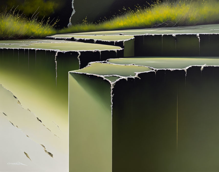 Hyperrealistic Painting of Earth Layers with Green Grass and Still Water