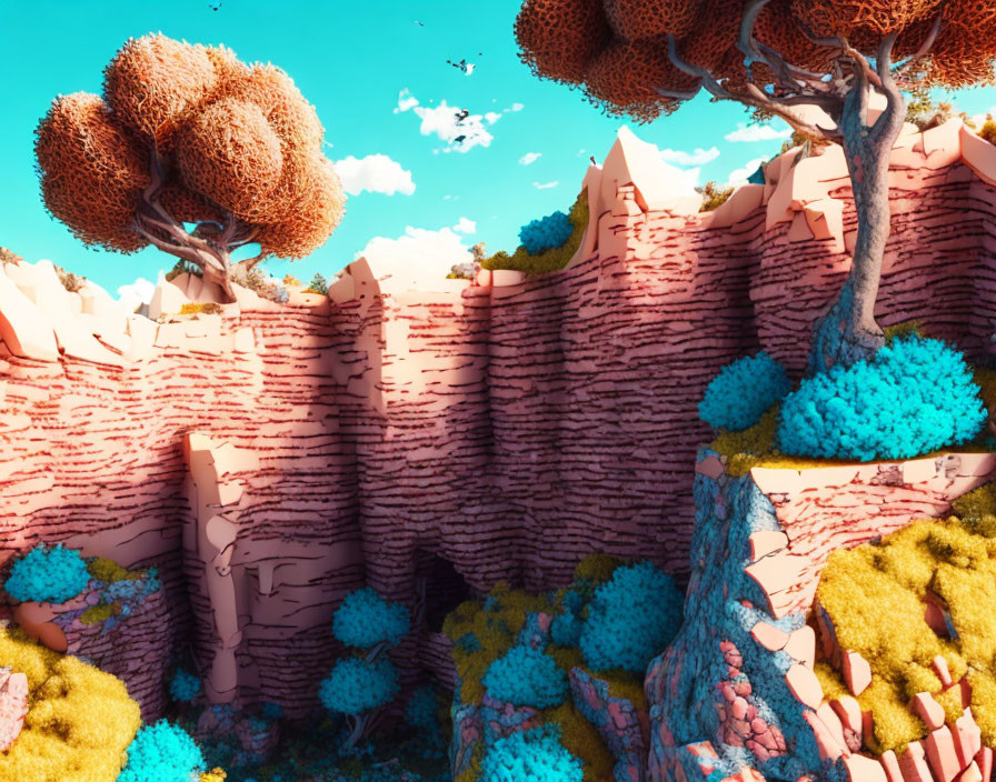 Vibrant digital artwork: Fantastical canyon with pink cliffs, blue and orange foliage