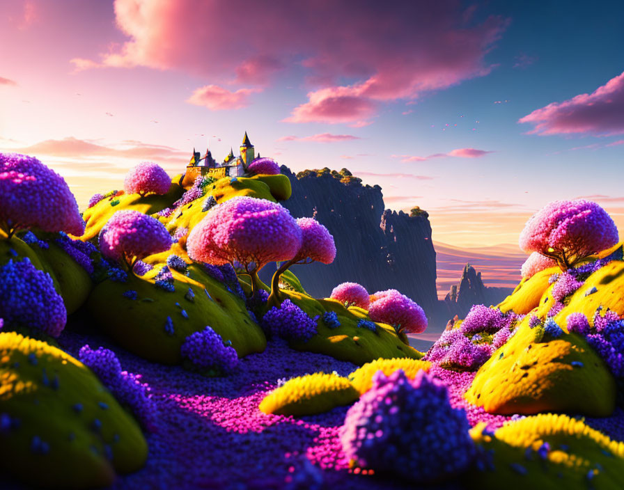 Colorful Flora and Castle on Cliff in Fantasy Landscape