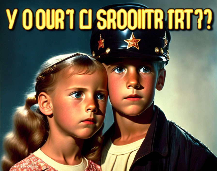 Stylized image: young boy in police hat & girl with questioning expression, both with golden glow