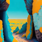 Surreal landscape with blue and yellow rock formations