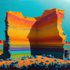 Colorful surreal landscape with layered rock formations under teal sky