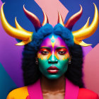 Colorful digital artwork: stylized female figure with horns and headdress