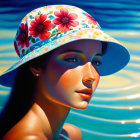 Woman with floral hat against blue water background