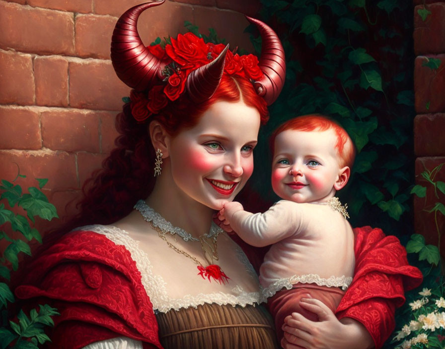 Smiling woman with horns and baby in red dress and hair against floral backdrop