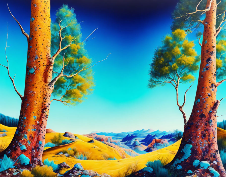 Vivid Landscape with Textured Trees and Colorful Hills