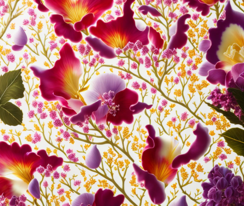 Colorful Floral Pattern with Purple, Pink, & Yellow Blooms