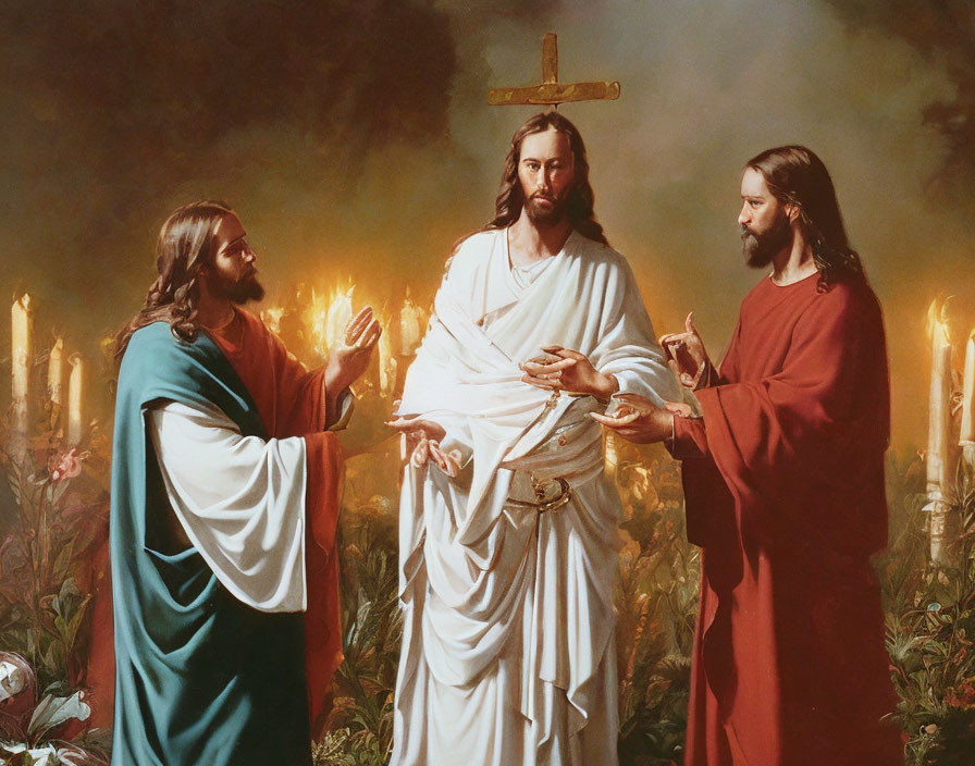 Three Jesus figures in garden with candles and cross symbolizing Christian theology.