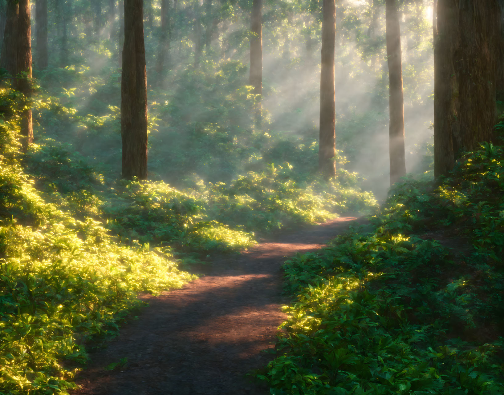 Sunlit Forest Path with Beams of Light Among Tall Trees