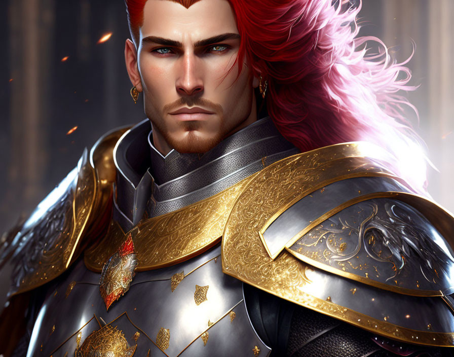 Fantasy digital artwork: Armored male character with red hair and stern expression