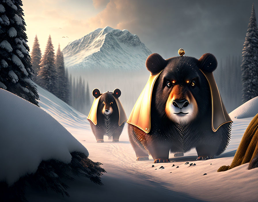 Animated bears with golden crowns and cloaks in snowy landscape