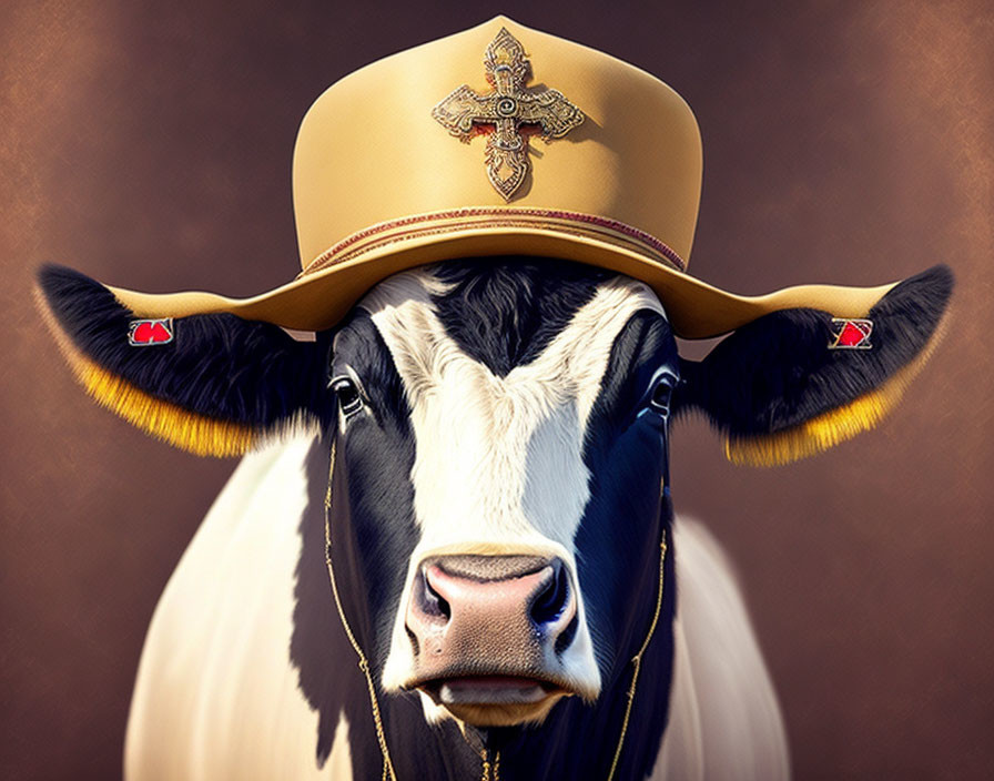 Digital artwork: solemn cow in cowboy hat with cross emblem