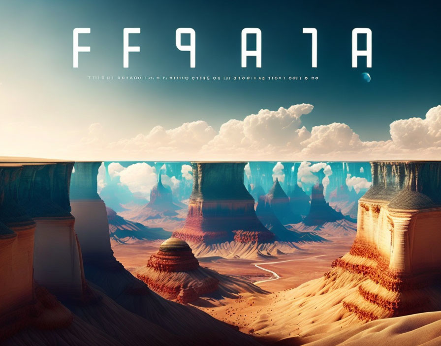 Surreal desert landscape with floating rocks and large letters