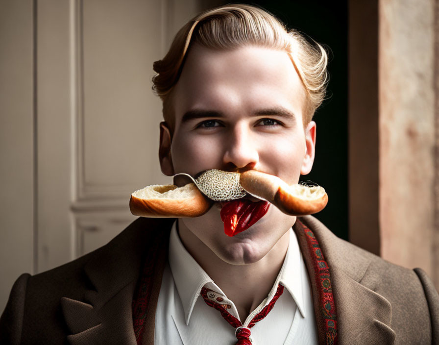 Man with retro hairstyle eating hotdog in vintage setting