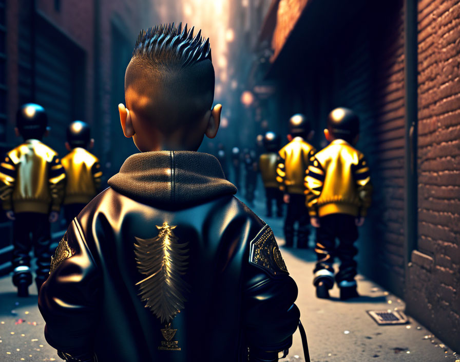 Boy with mohawk and wing emblem jacket in alley observing group