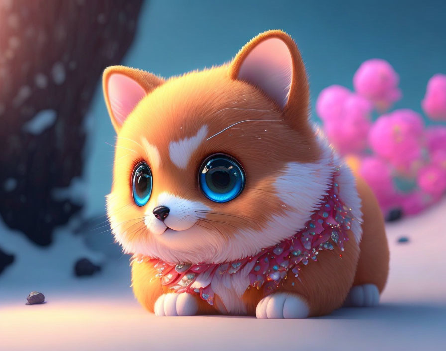 Animated corgi puppy in snowy landscape with pink blossoms