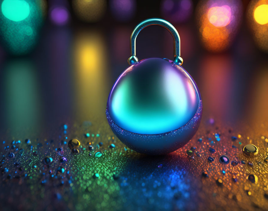 Colorful Christmas ornament on glittery surface with bokeh lights.