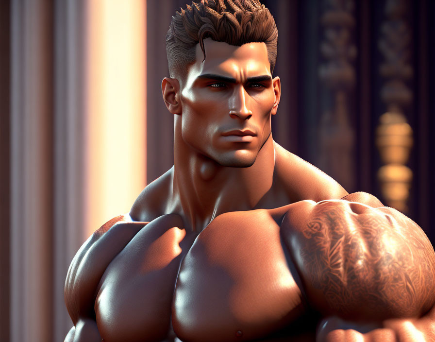 Muscular 3D-rendered character with tattoo in classical setting