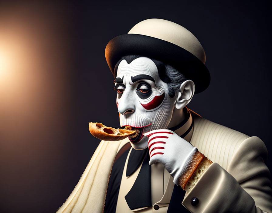 Stylized 3D illustration of a mime eating pizza