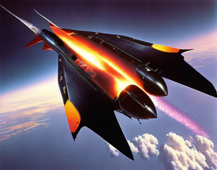 Futuristic black and orange jet with twin engines ascending through sky with flames