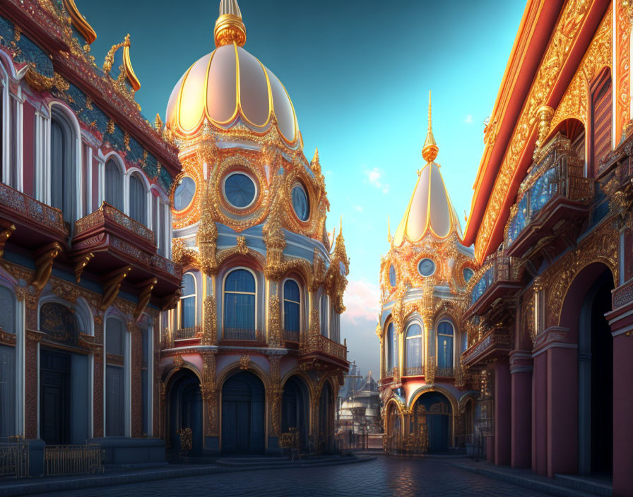 Ornate golden domes and red facades in a fantastical palace