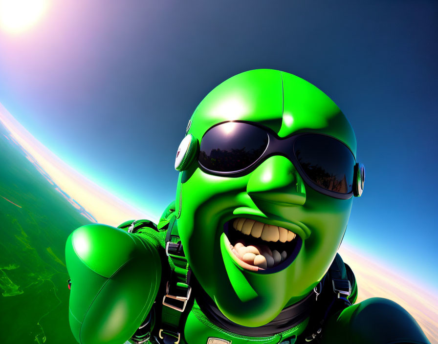 Green animated character skydiving with smile, wearing goggles and headset in sunny blue sky