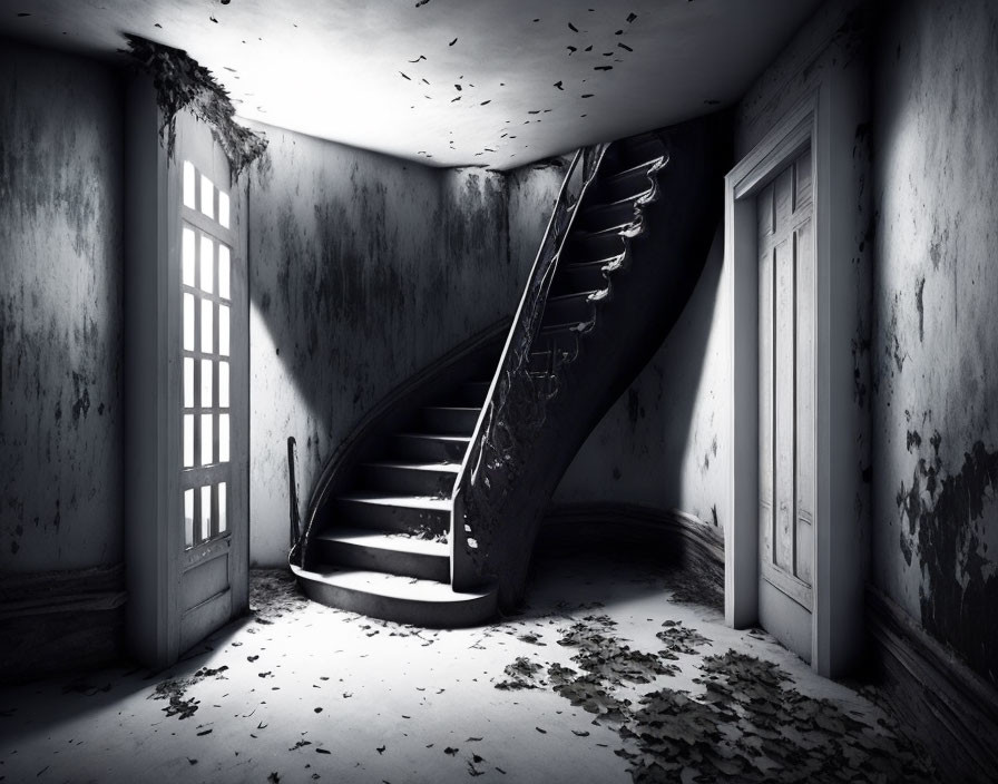 Desolate monochrome image: abandoned room with spiraling staircase, dilapidated walls, scattered leaves