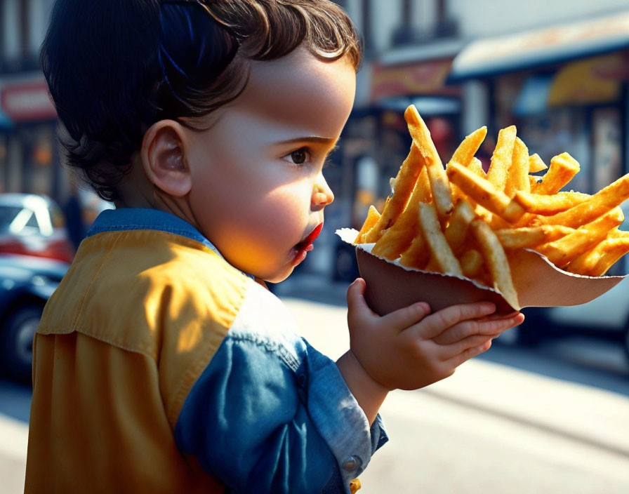 Child holding large bowl of fries in sunny outdoor setting