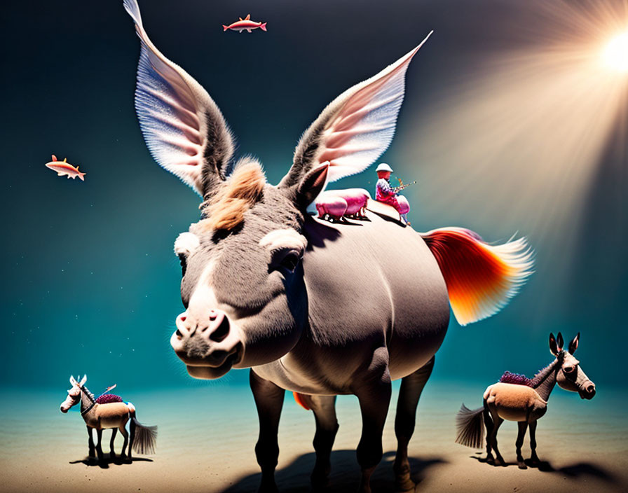 Colorful Flying Donkeys with Jockey in Blue Sky Scene