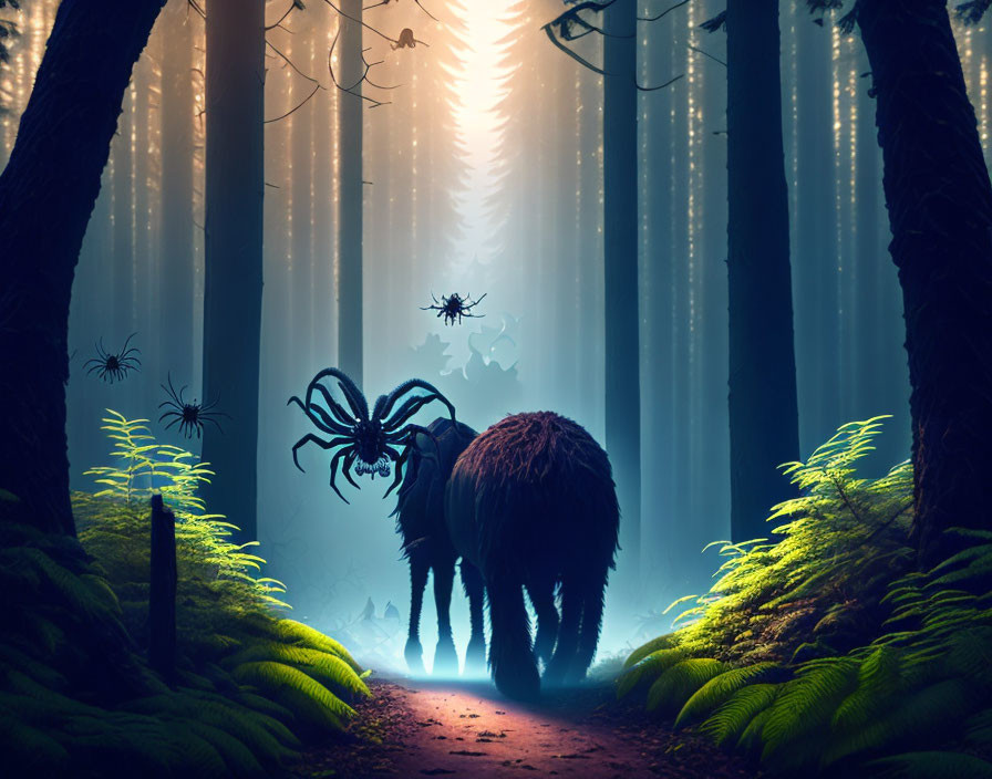 Enchanted forest with spider-like creature, fairies, and blue light