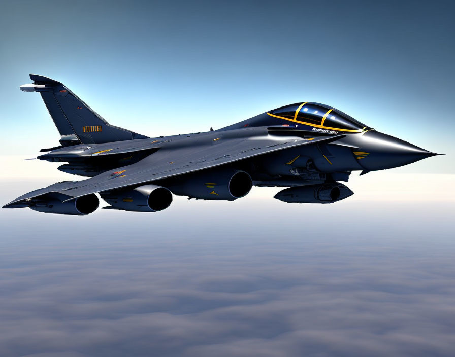 Realistic Computer-Generated Image: Modern Fighter Jet Flying at Dusk or Dawn