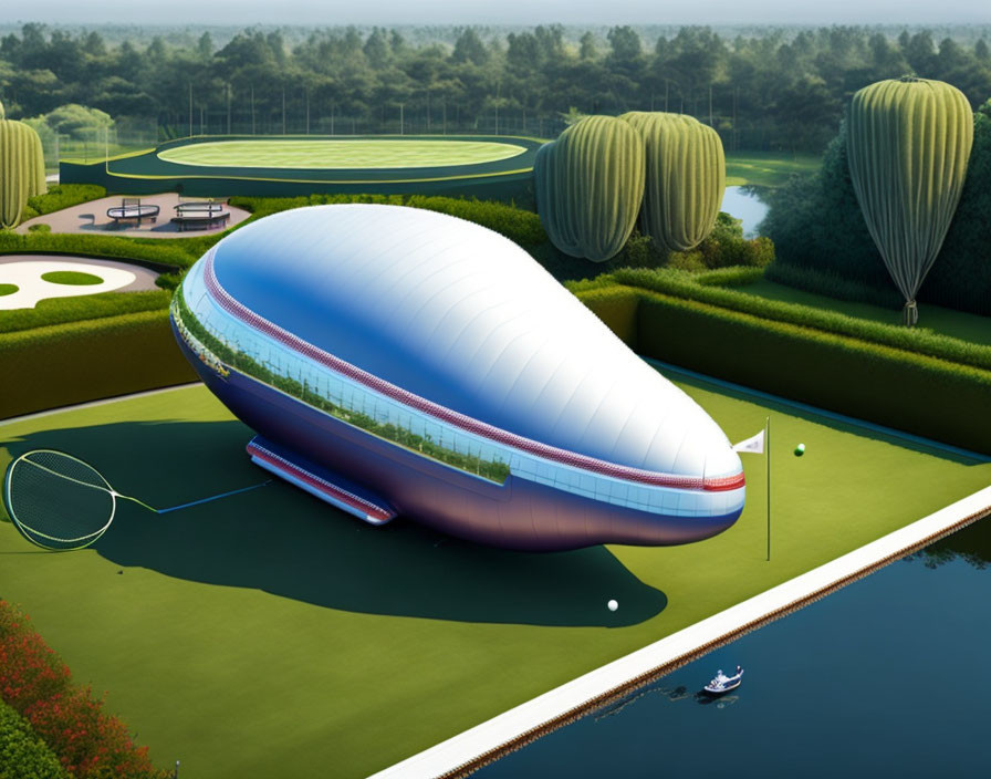 Futuristic sports complex with zeppelin-shaped stadium, greenery, tennis courts, golf course,