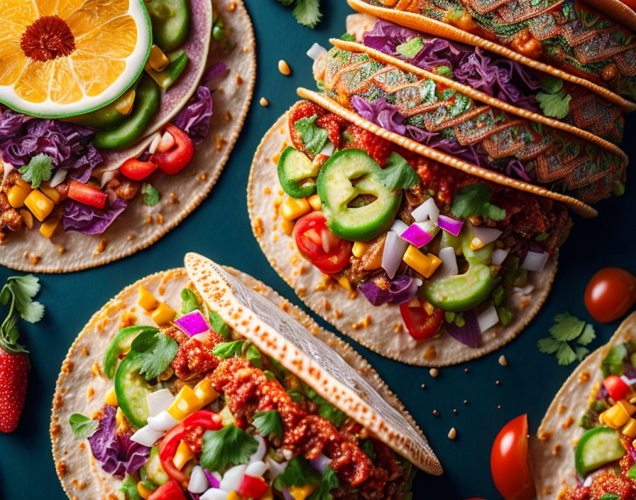 Colorful Tacos with Minced Meat, Vegetables, and Orange Slice on Patterned Holder