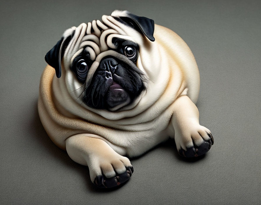 Curious pug dog with wrinkles and black mask on grey surface.